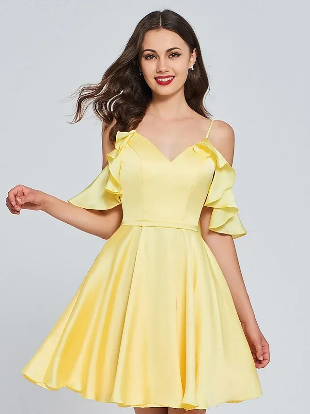 A-Line Minimalist Sexy Engagement Cocktail Party Dress V Neck Sleeveless Knee Length Satin