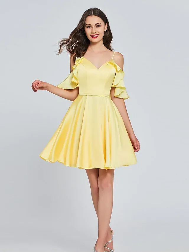 A-Line Minimalist Sexy Engagement Cocktail Party Dress V Neck Sleeveless Knee Length Satin
