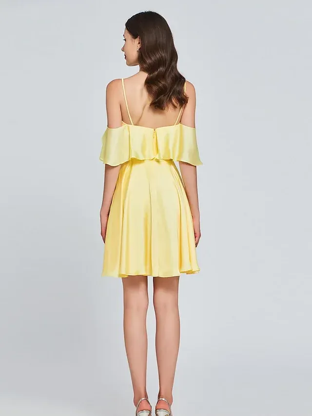 A-Line Minimalist Sexy Engagement Cocktail Party Dress V Neck Sleeveless Knee Length Satin