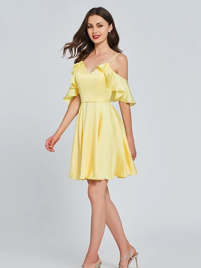 A-Line Minimalist Sexy Engagement Cocktail Party Dress V Neck Sleeveless Knee Length Satin