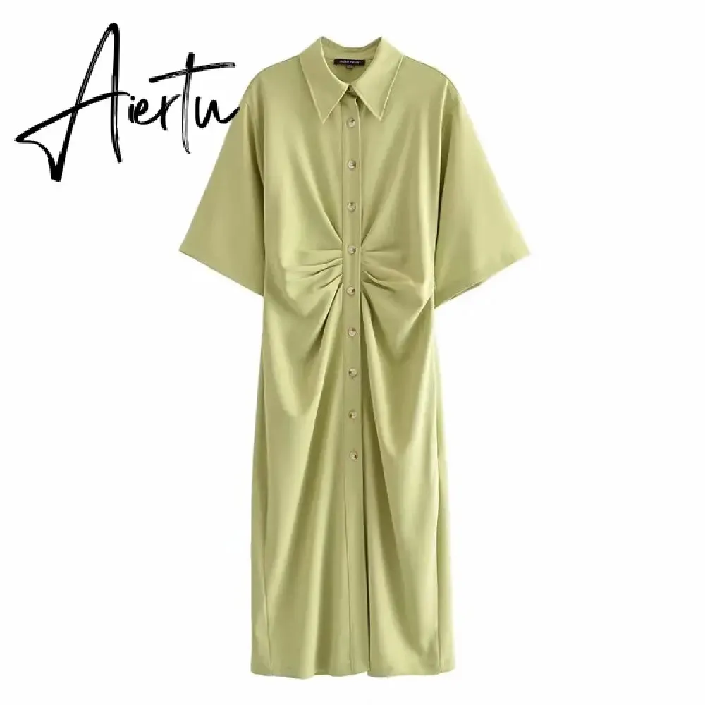 Aiertu Fashion Dress Casual Summer Dress Green Women Dress Button Solid Short Sleeve Shirt Dresses Female Chic Side Zipper Robe Vestido