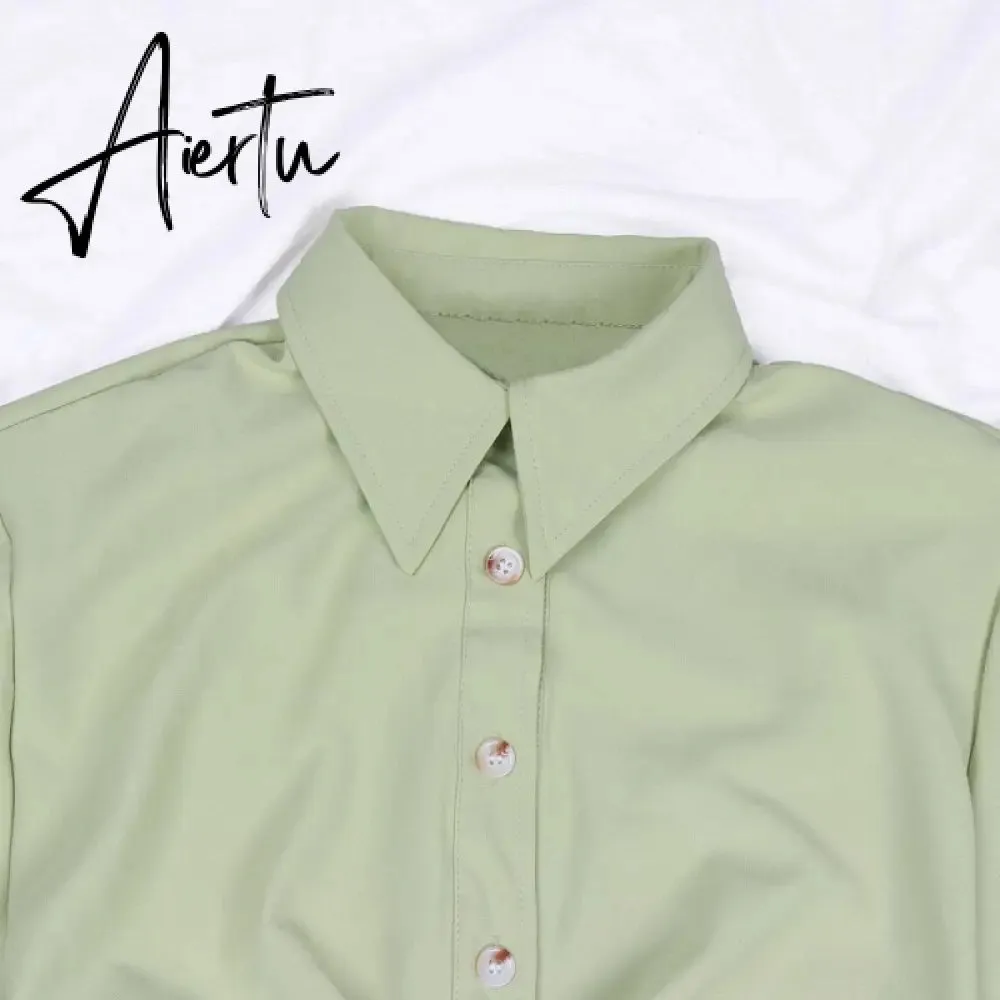 Aiertu Fashion Dress Casual Summer Dress Green Women Dress Button Solid Short Sleeve Shirt Dresses Female Chic Side Zipper Robe Vestido