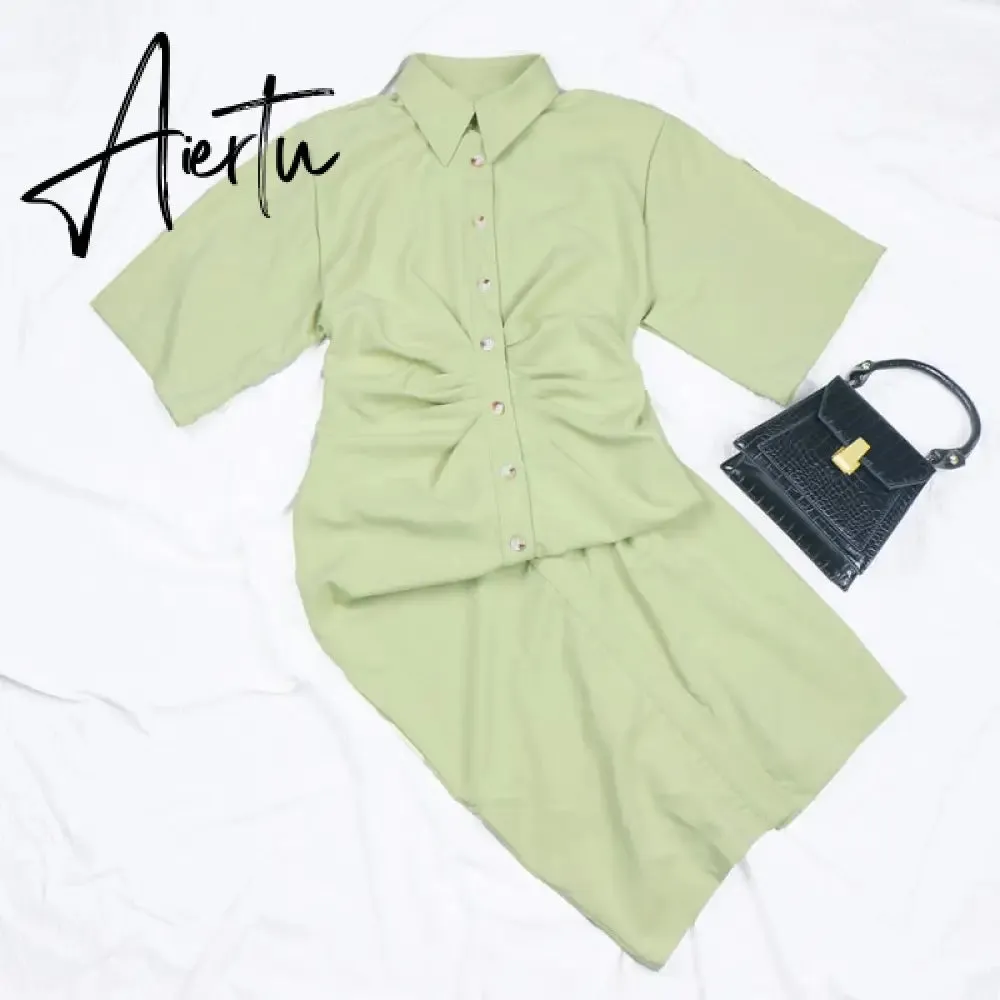 Aiertu Fashion Dress Casual Summer Dress Green Women Dress Button Solid Short Sleeve Shirt Dresses Female Chic Side Zipper Robe Vestido