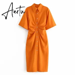 Aiertu Fashion Dress Casual Summer Dress Green Women Dress Button Solid Short Sleeve Shirt Dresses Female Chic Side Zipper Robe Vestido
