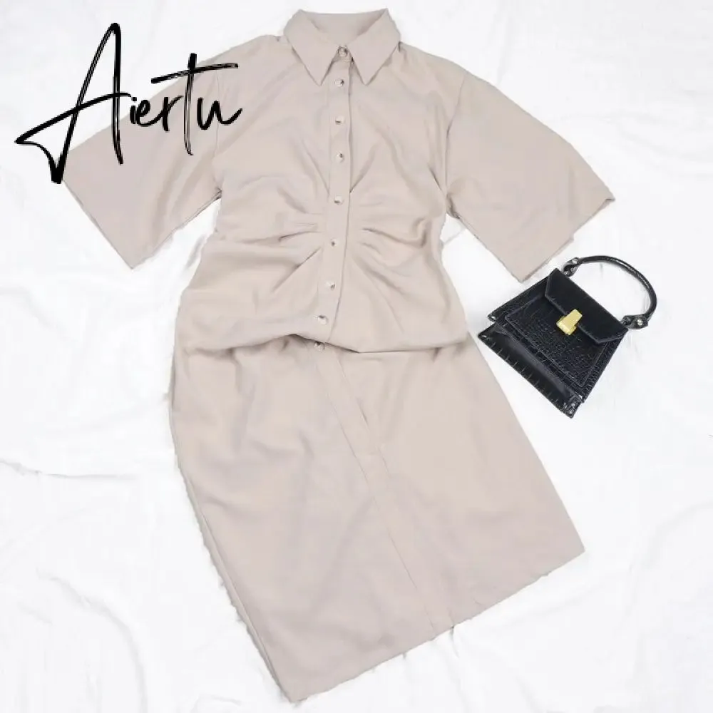 Aiertu Fashion Dress Casual Summer Dress Green Women Dress Button Solid Short Sleeve Shirt Dresses Female Chic Side Zipper Robe Vestido