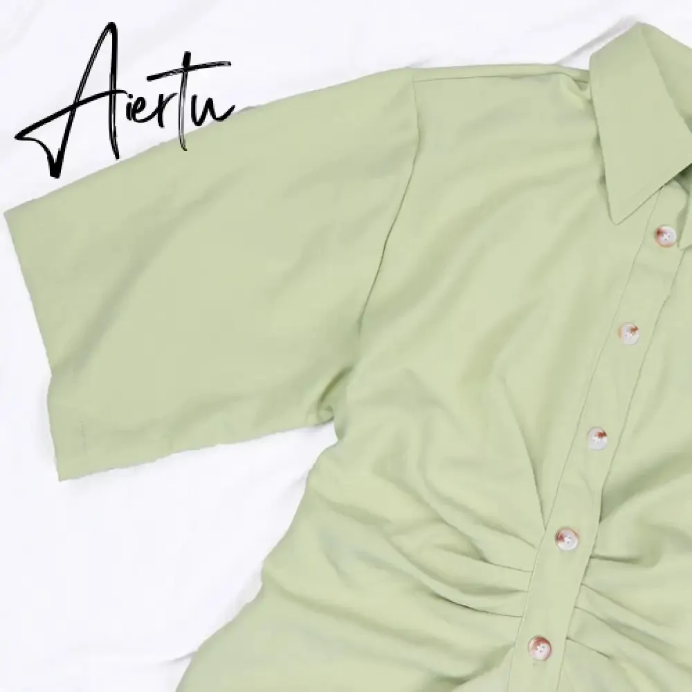 Aiertu Fashion Dress Casual Summer Dress Green Women Dress Button Solid Short Sleeve Shirt Dresses Female Chic Side Zipper Robe Vestido