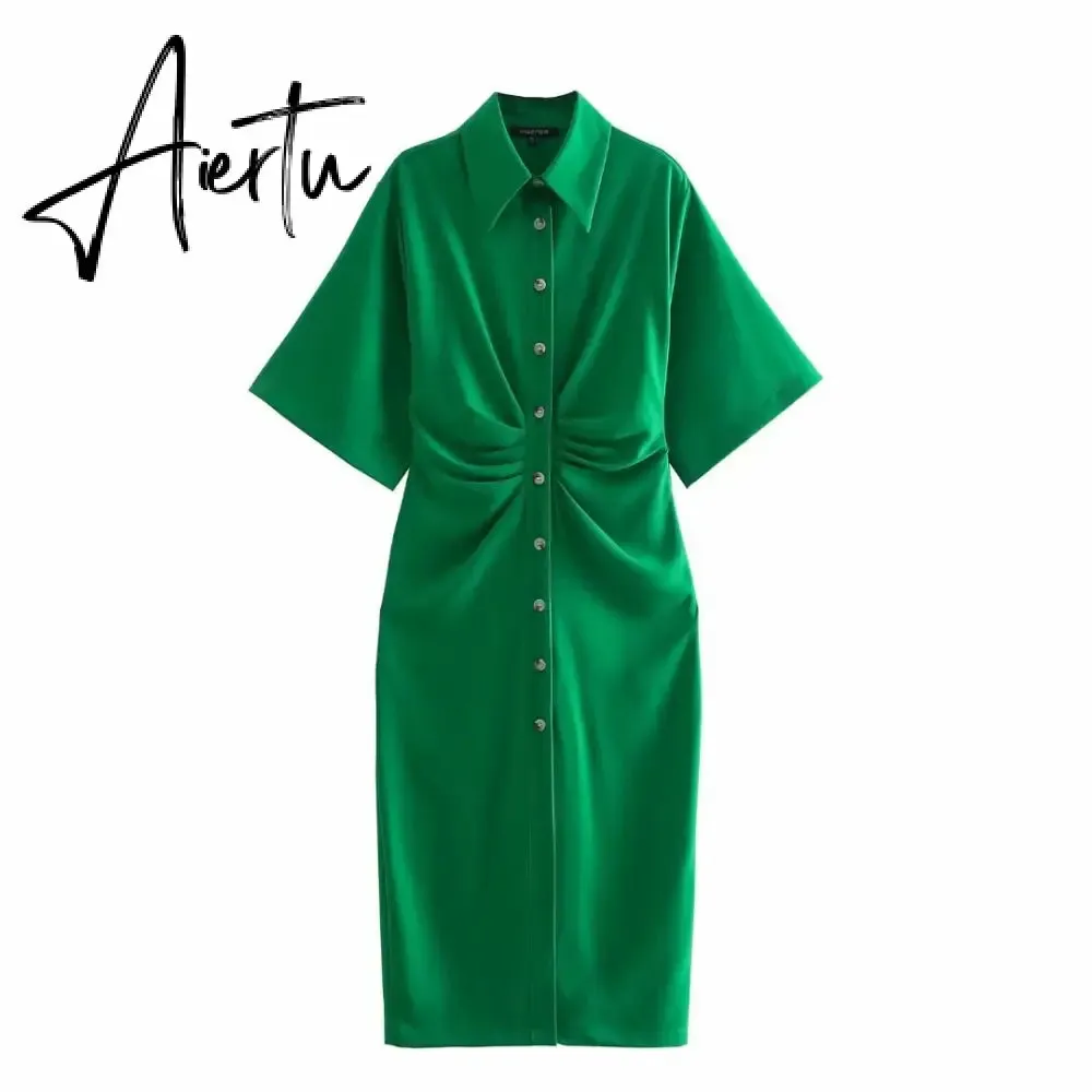 Aiertu Fashion Dress Casual Summer Dress Green Women Dress Button Solid Short Sleeve Shirt Dresses Female Chic Side Zipper Robe Vestido
