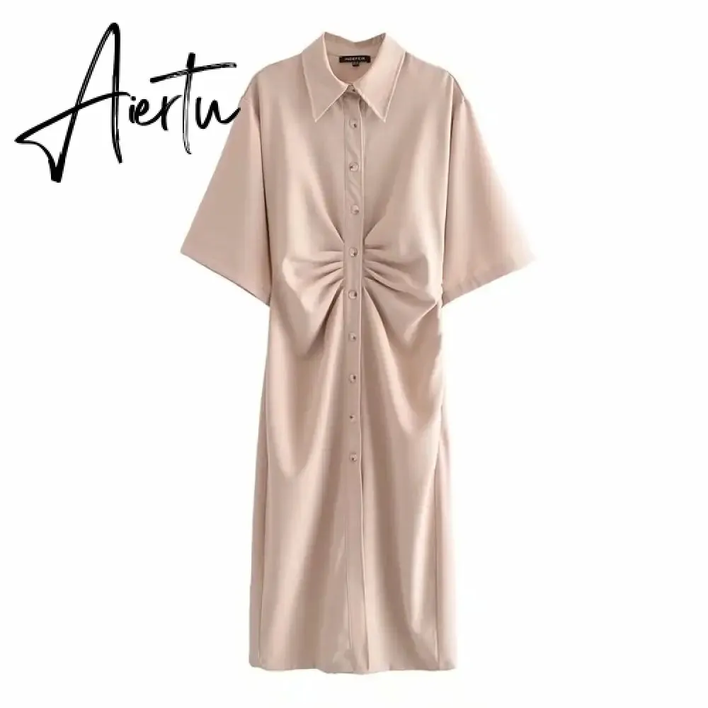 Aiertu Fashion Dress Casual Summer Dress Green Women Dress Button Solid Short Sleeve Shirt Dresses Female Chic Side Zipper Robe Vestido
