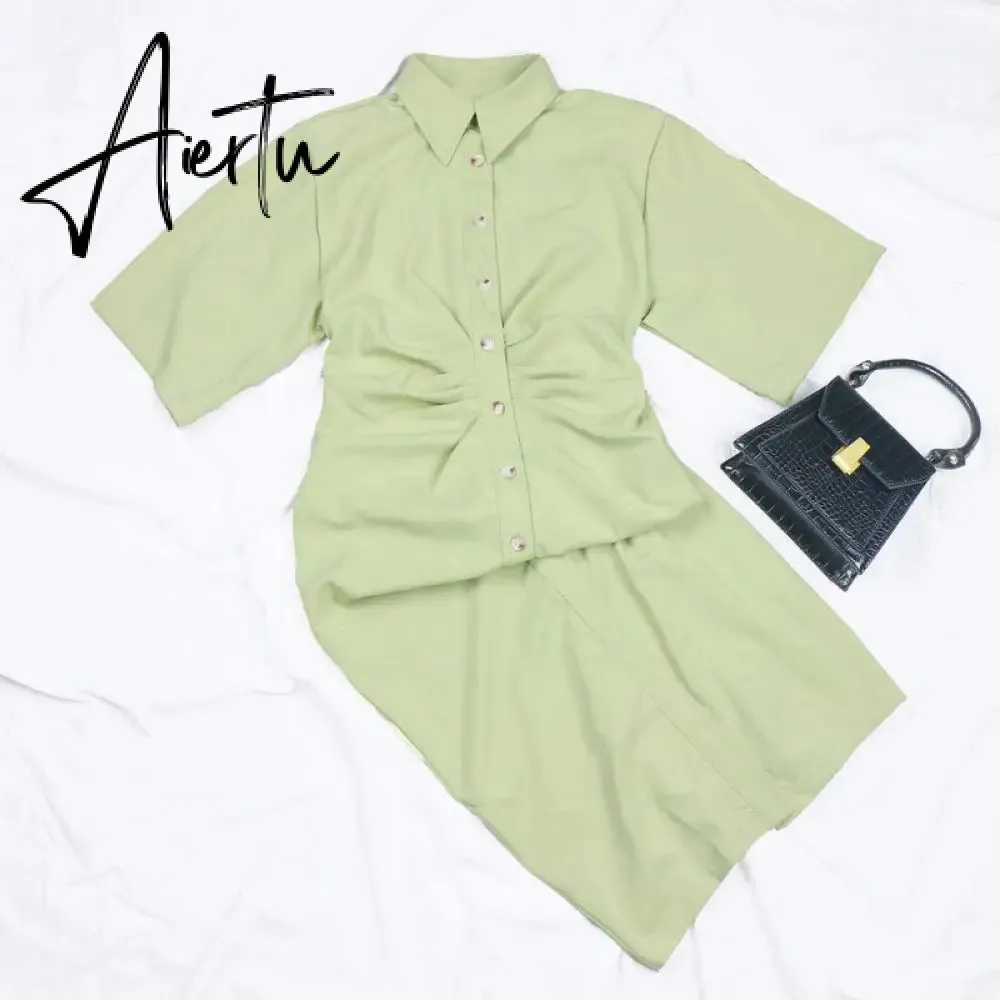 Aiertu Fashion Dress Casual Summer Dress Green Women Dress Button Solid Short Sleeve Shirt Dresses Female Chic Side Zipper Robe Vestido