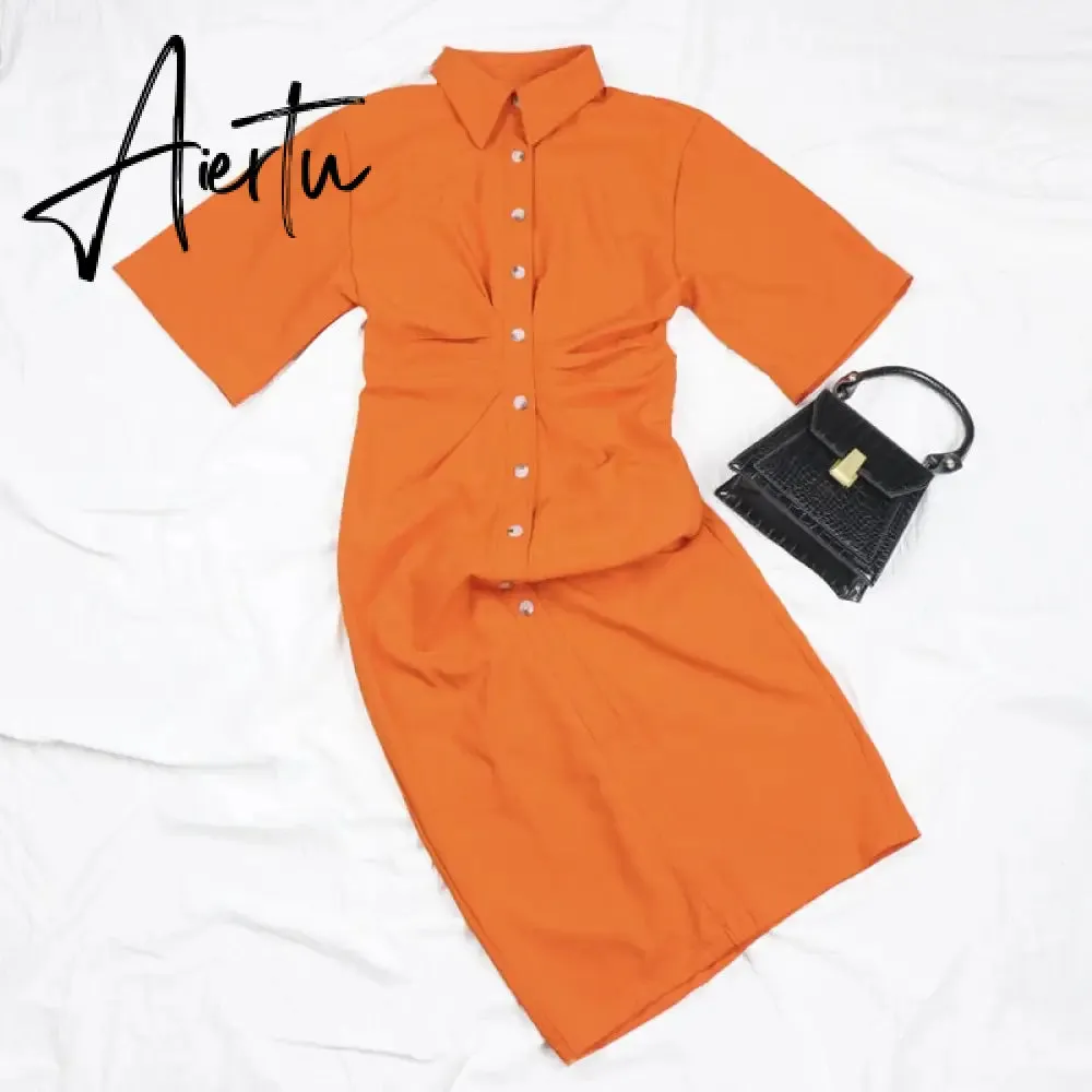 Aiertu Fashion Dress Casual Summer Dress Green Women Dress Button Solid Short Sleeve Shirt Dresses Female Chic Side Zipper Robe Vestido