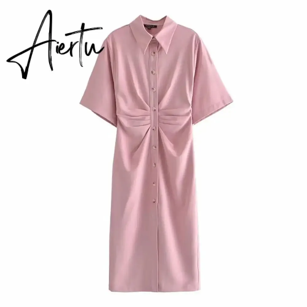Aiertu Fashion Dress Casual Summer Dress Green Women Dress Button Solid Short Sleeve Shirt Dresses Female Chic Side Zipper Robe Vestido