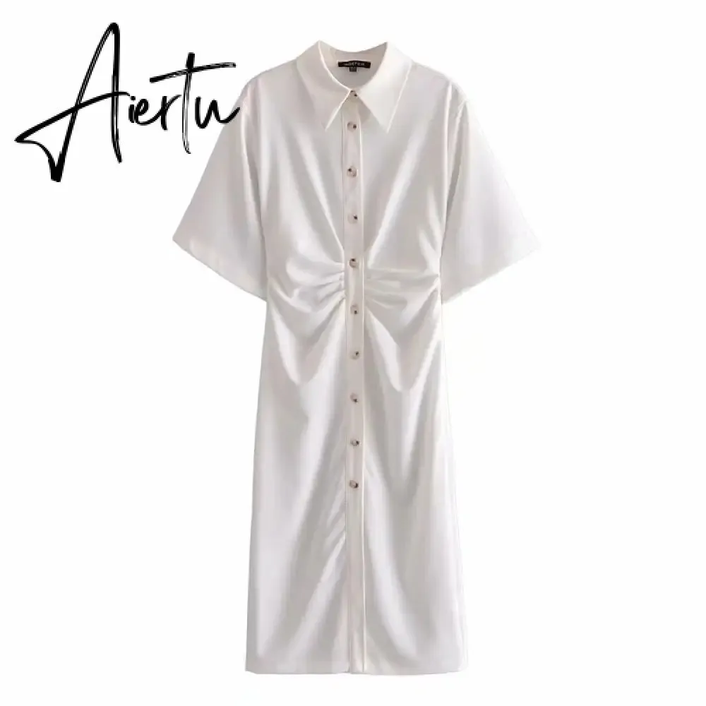 Aiertu Fashion Dress Casual Summer Dress Green Women Dress Button Solid Short Sleeve Shirt Dresses Female Chic Side Zipper Robe Vestido
