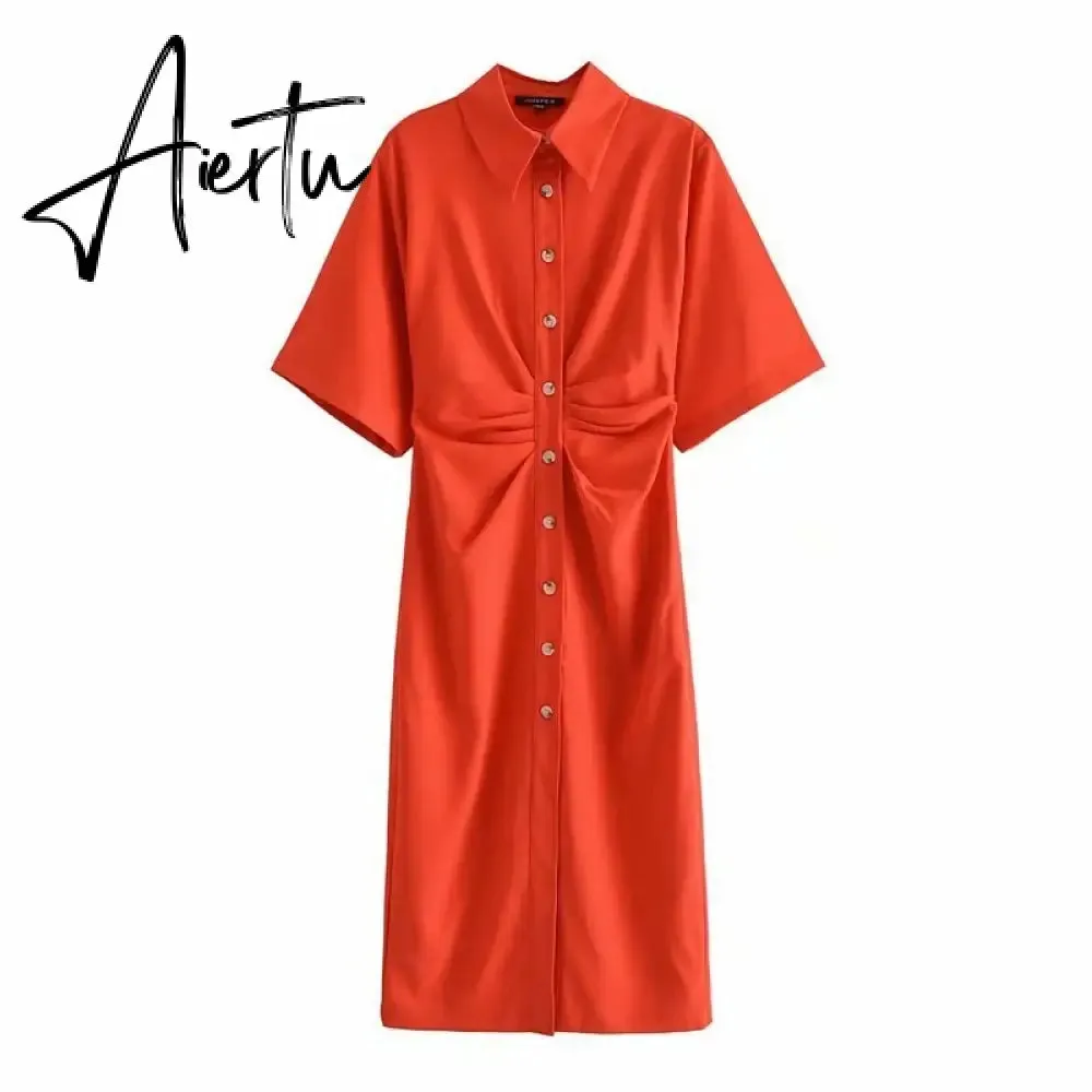 Aiertu Fashion Dress Casual Summer Dress Green Women Dress Button Solid Short Sleeve Shirt Dresses Female Chic Side Zipper Robe Vestido