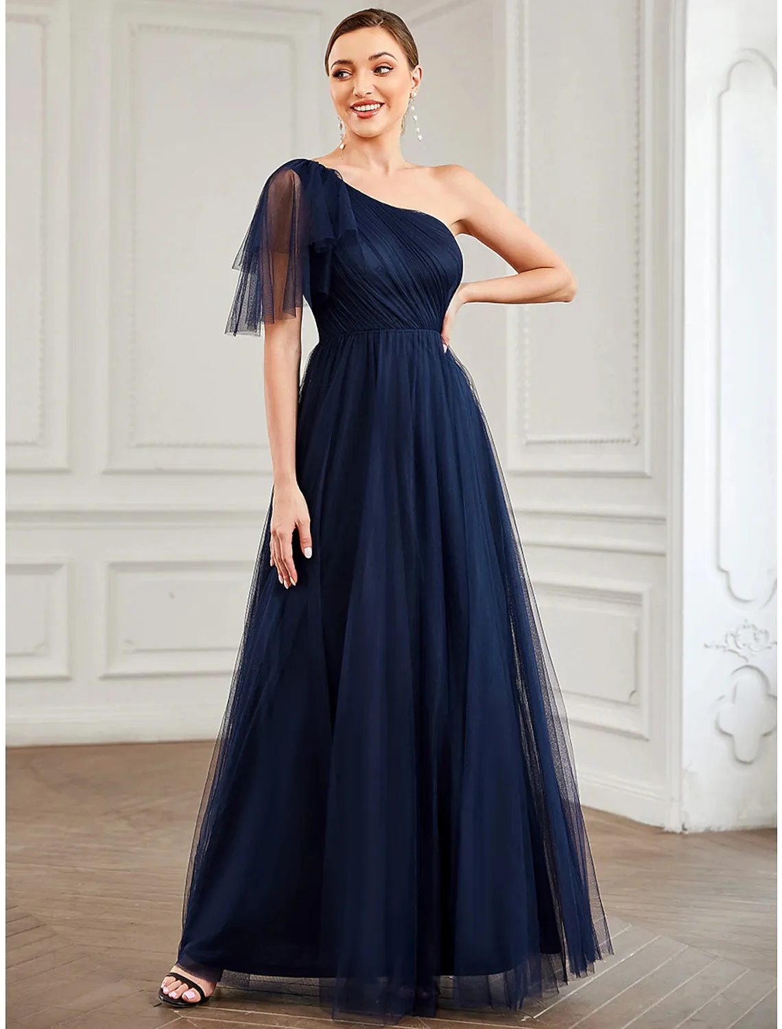 Aimishang   A-Line Party Dresses Minimalist Dress Quinceanera Floor Length Sleeveless One Shoulder Tulle with Shouder Flower