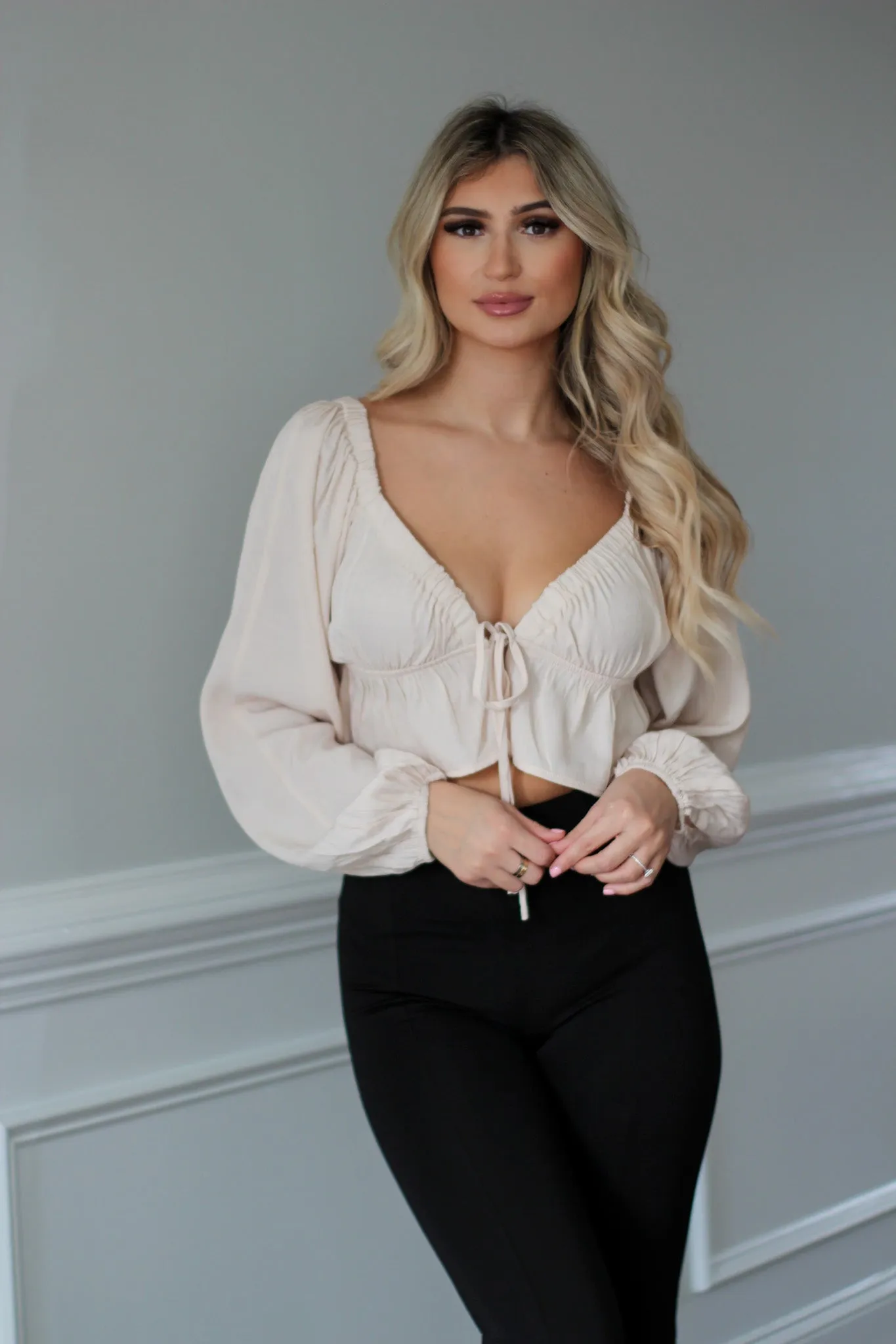 All Love Tie Front Peplum Crop Top - Cream