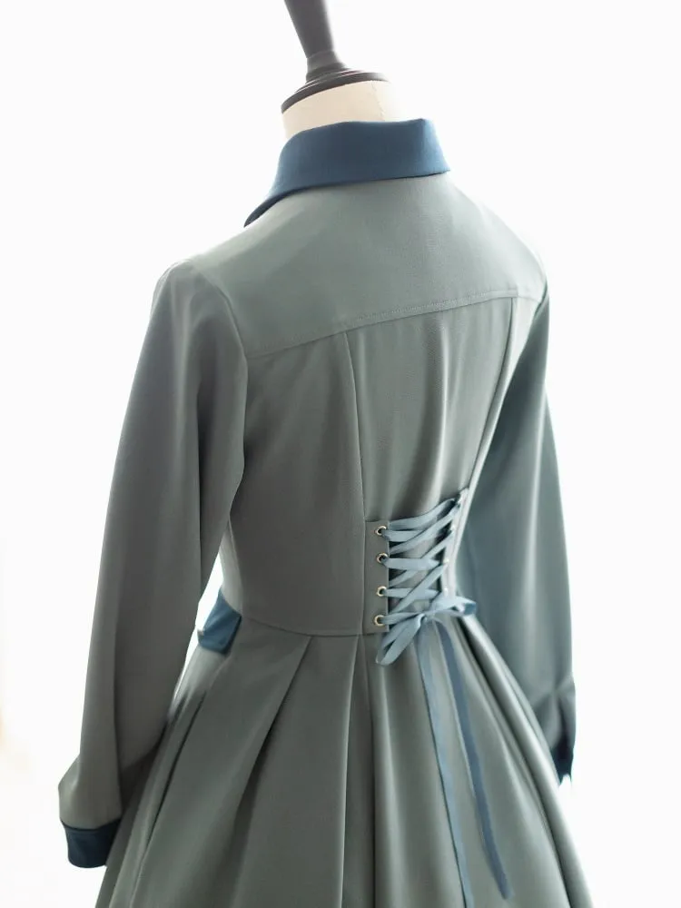 Beauxbatons Uniform Inspired Dusty Blue Elegant Vintage Front Button Placket One Piece with Detachable Cape