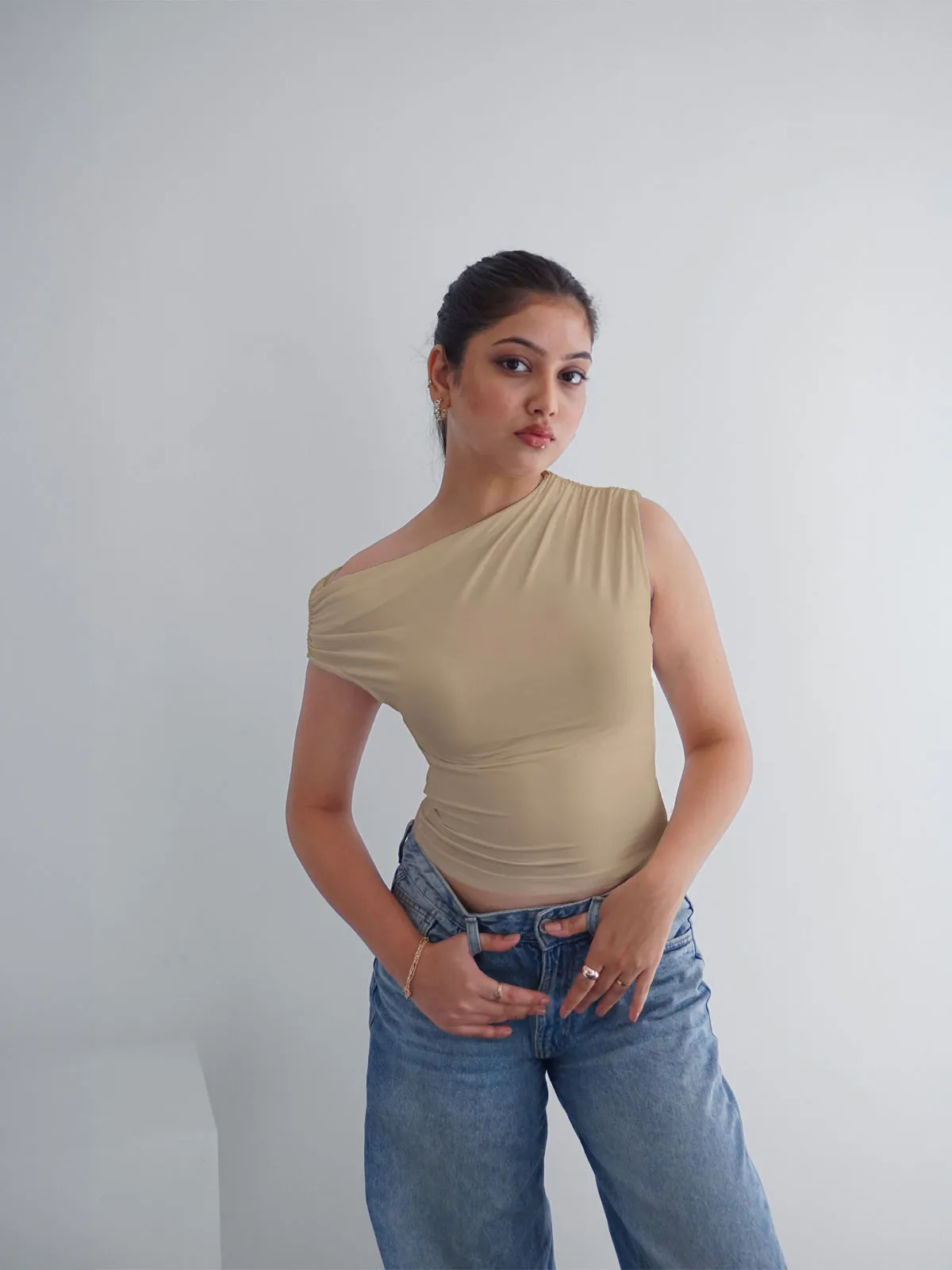 Beige Asymmetrical Neck Slim Fit Top