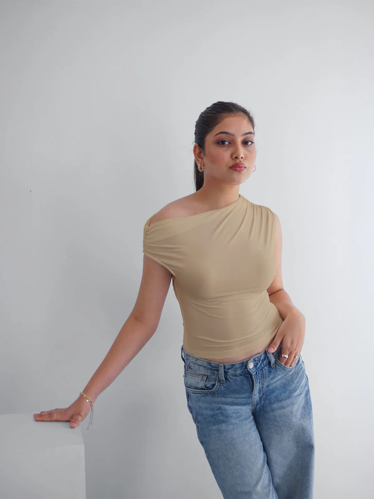 Beige Asymmetrical Neck Slim Fit Top
