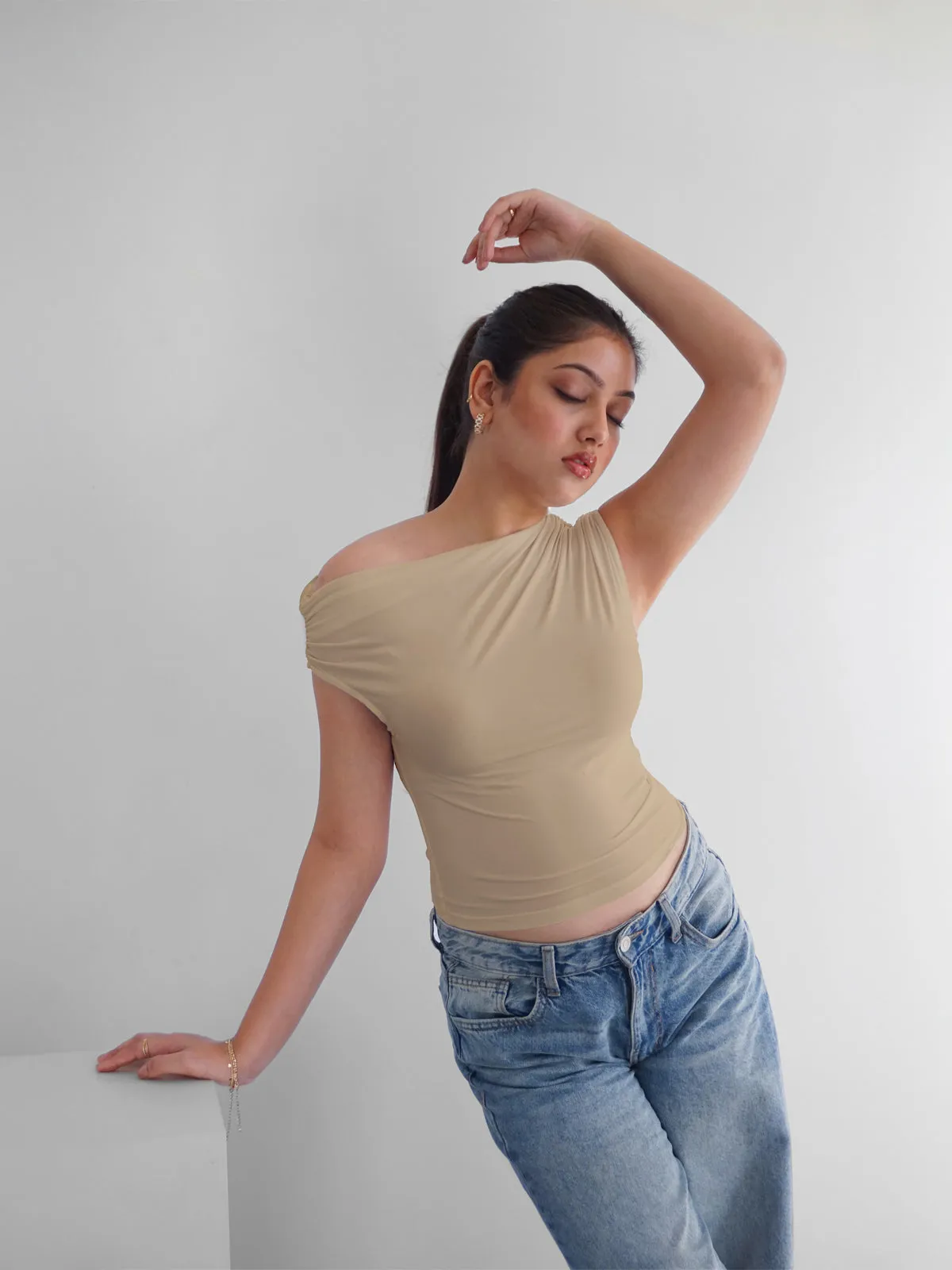 Beige Asymmetrical Neck Slim Fit Top