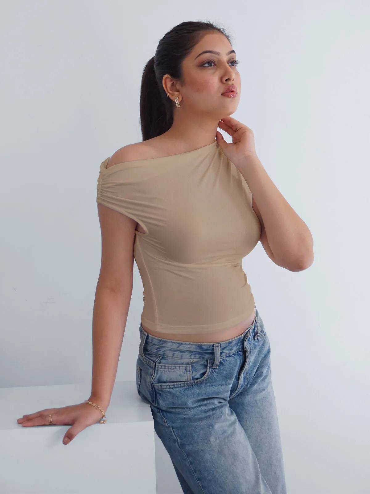 Beige Asymmetrical Neck Slim Fit Top