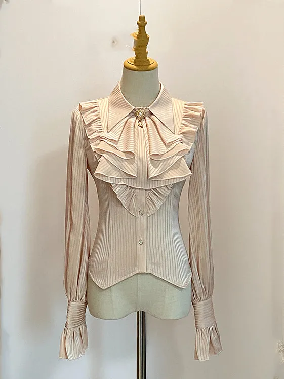 Beige Jabot Pointed Flat Collar Striped Fabric Long Sleeves Shirt