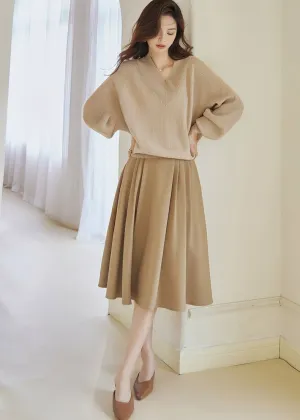 BEIGE PLEATED MIDI SKIRT