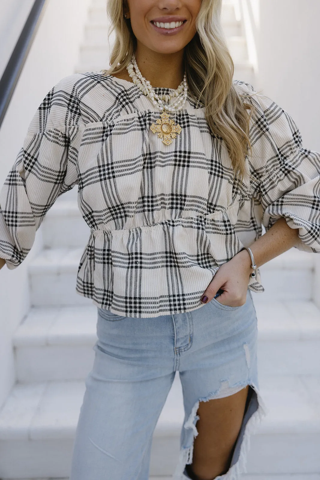 Bella Plaid Top - Ivory/Black