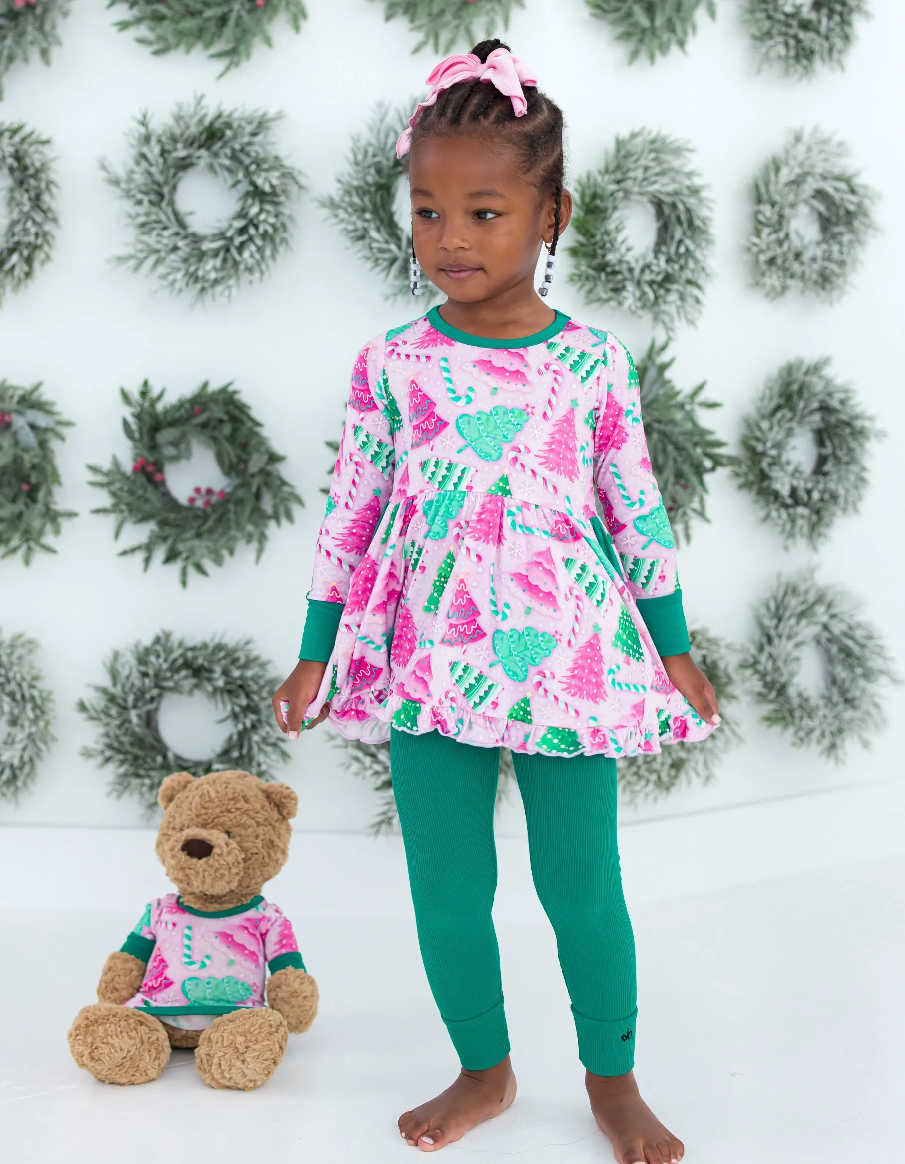Birdie Bean Christmas Holiday Pink Trees Joy Peplum Set