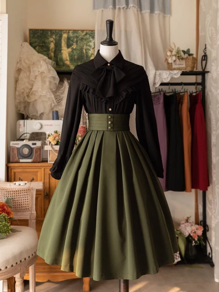 Black Long Sleeves Ruffle Trim Shirt with Bow Tie