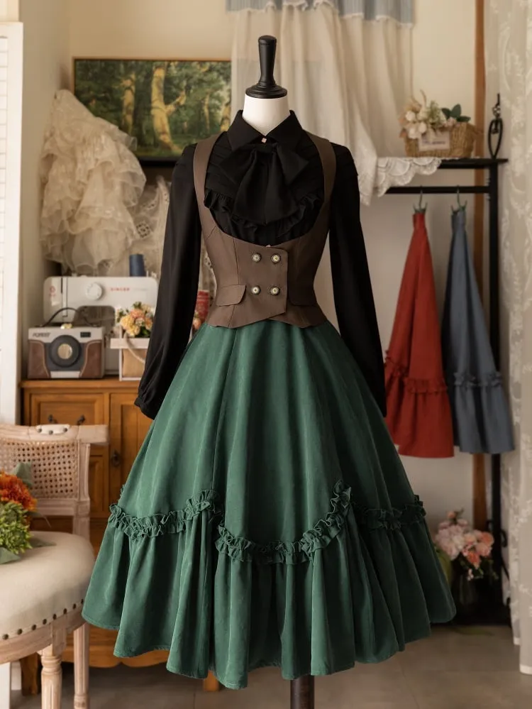 Black Long Sleeves Ruffle Trim Shirt with Bow Tie