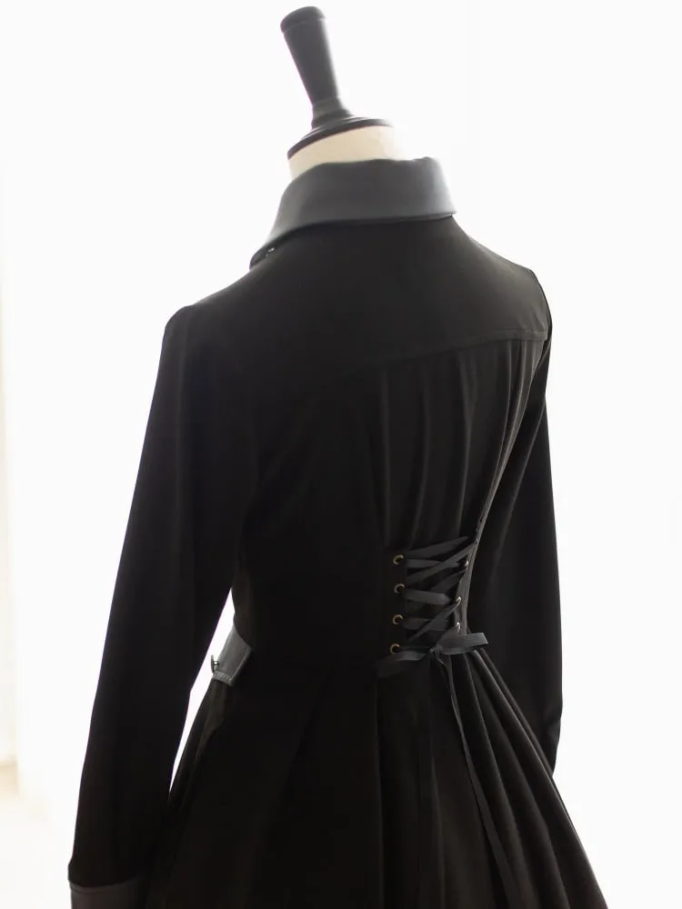 Black Retro Elegant Front Bronze-tone Buttons Placket Classic One Piece