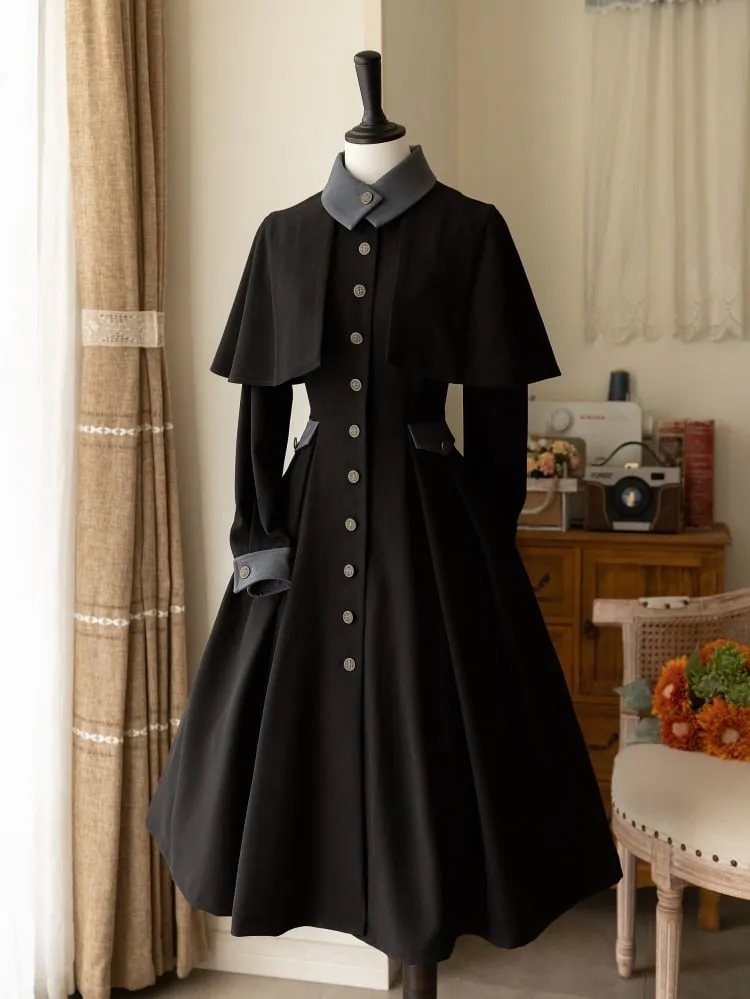 Black Retro Elegant Front Bronze-tone Buttons Placket Classic One Piece