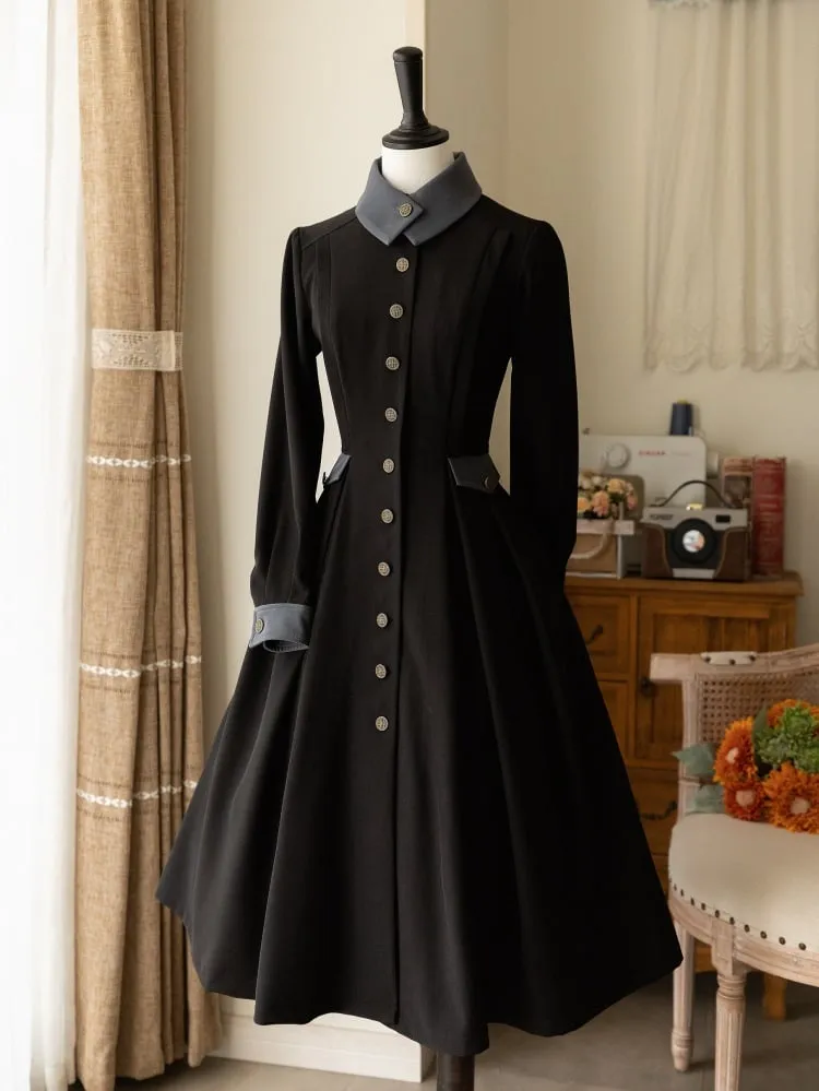 Black Retro Elegant Front Bronze-tone Buttons Placket Classic One Piece