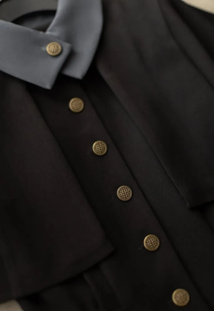 Black Retro Elegant Front Bronze-tone Buttons Placket Classic One Piece