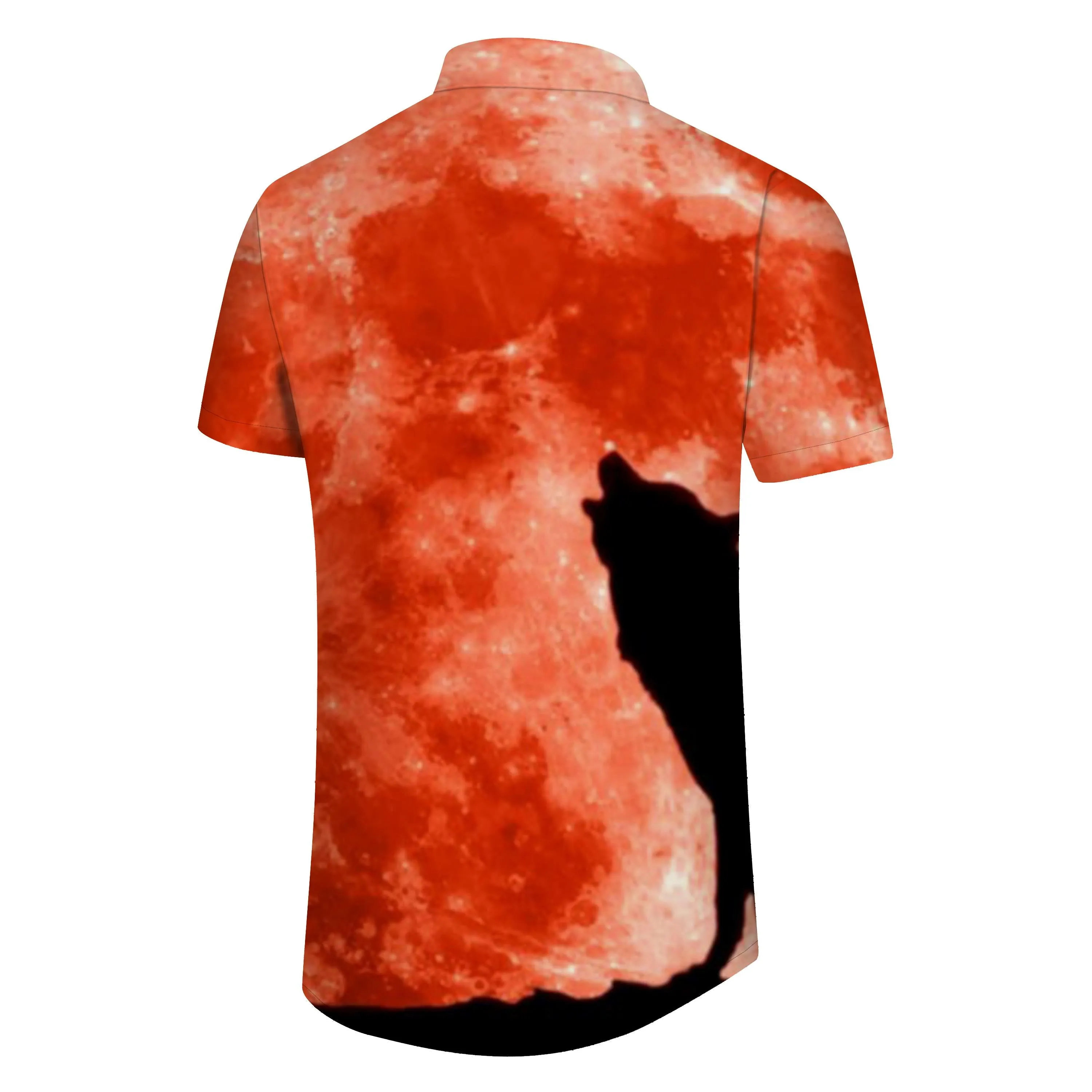 Blood Moon Wolf Casual Men's Shirt Short Sleeve Ocean Beach Tropical Hawaiian Button Wolf Shadow Pattern Red