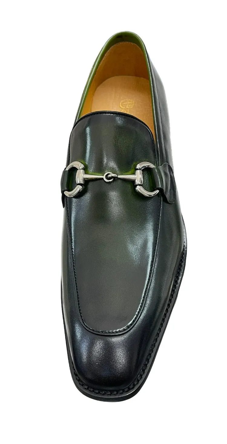 Carrucci Olive Genuine Leather Men's Slip On Dress Shoes Silver Buckle
