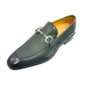 Carrucci Olive Genuine Leather Men's Slip On Dress Shoes Silver Buckle