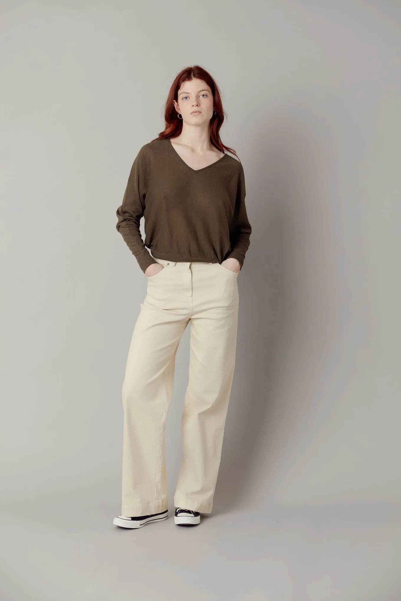 Clover Organic Linen Batwing Jumper Dark Khaki