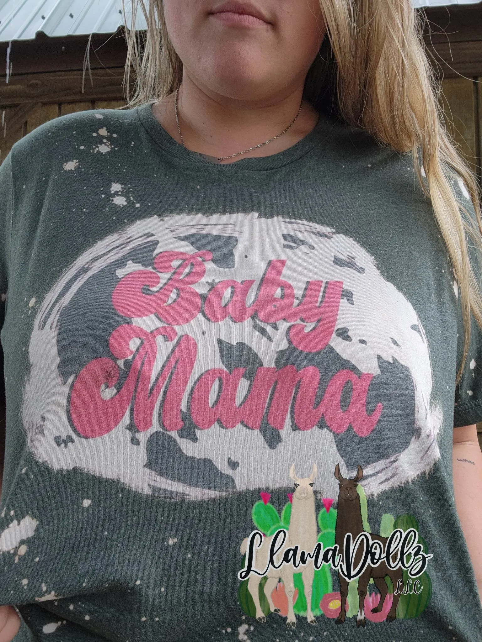 Cow Print Baby Mama Distressed Green Shirt