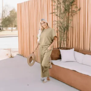 Double Take Full Size Texture Short Sleeve Top and Pants Set