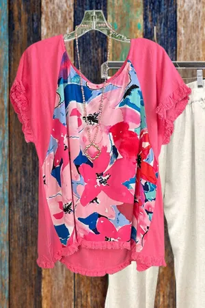 Dunnmall Casual Solid and Flower Print Top