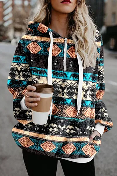 Dunnmall Casual Street Print Draw String Pocket Hooded Collar Tops(5 Colors)