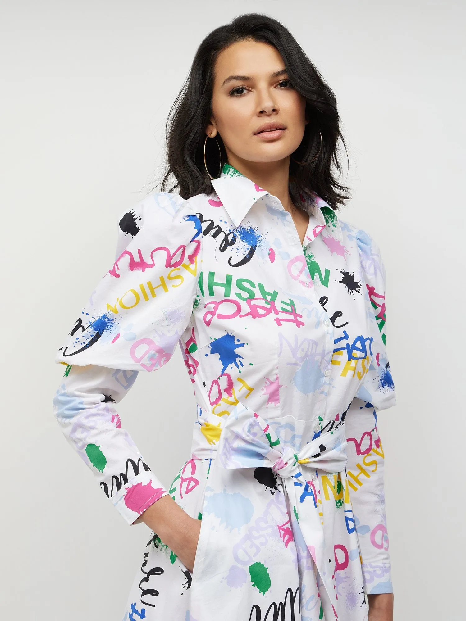 Graffiti-Print Button-Front Shirtdress