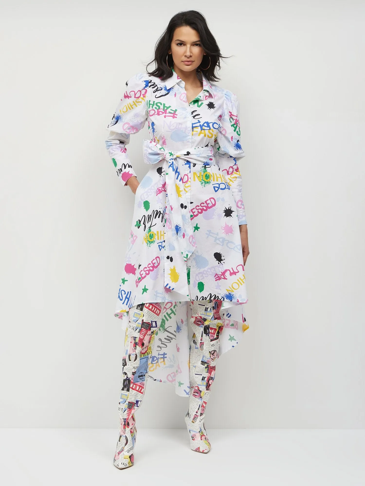Graffiti-Print Button-Front Shirtdress