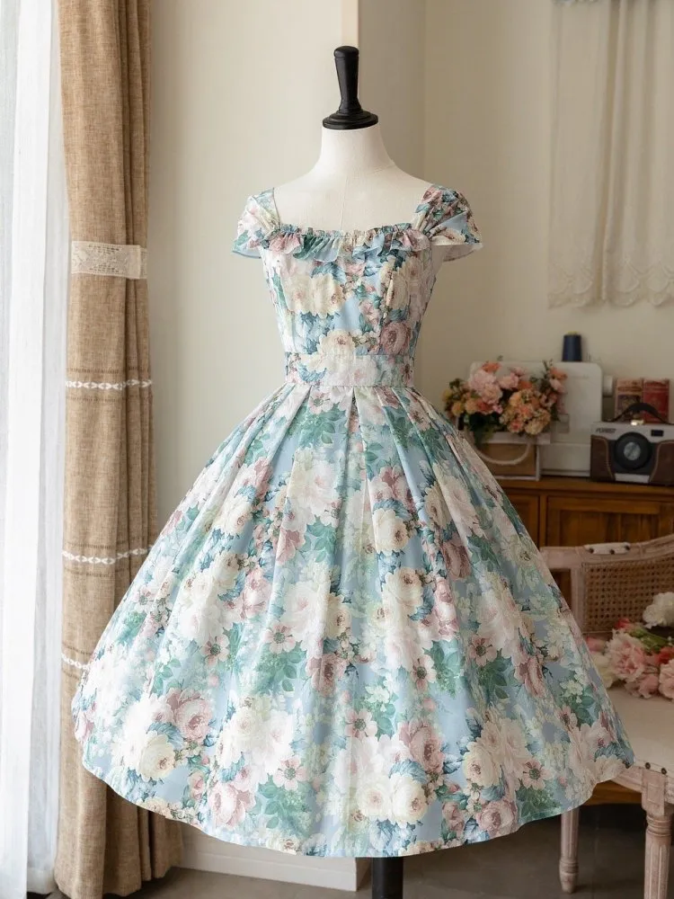 Green Floral Oil Painting Jumper Skirt Dress