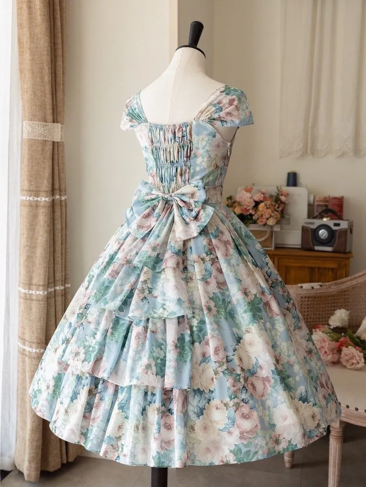 Green Floral Oil Painting Jumper Skirt Dress