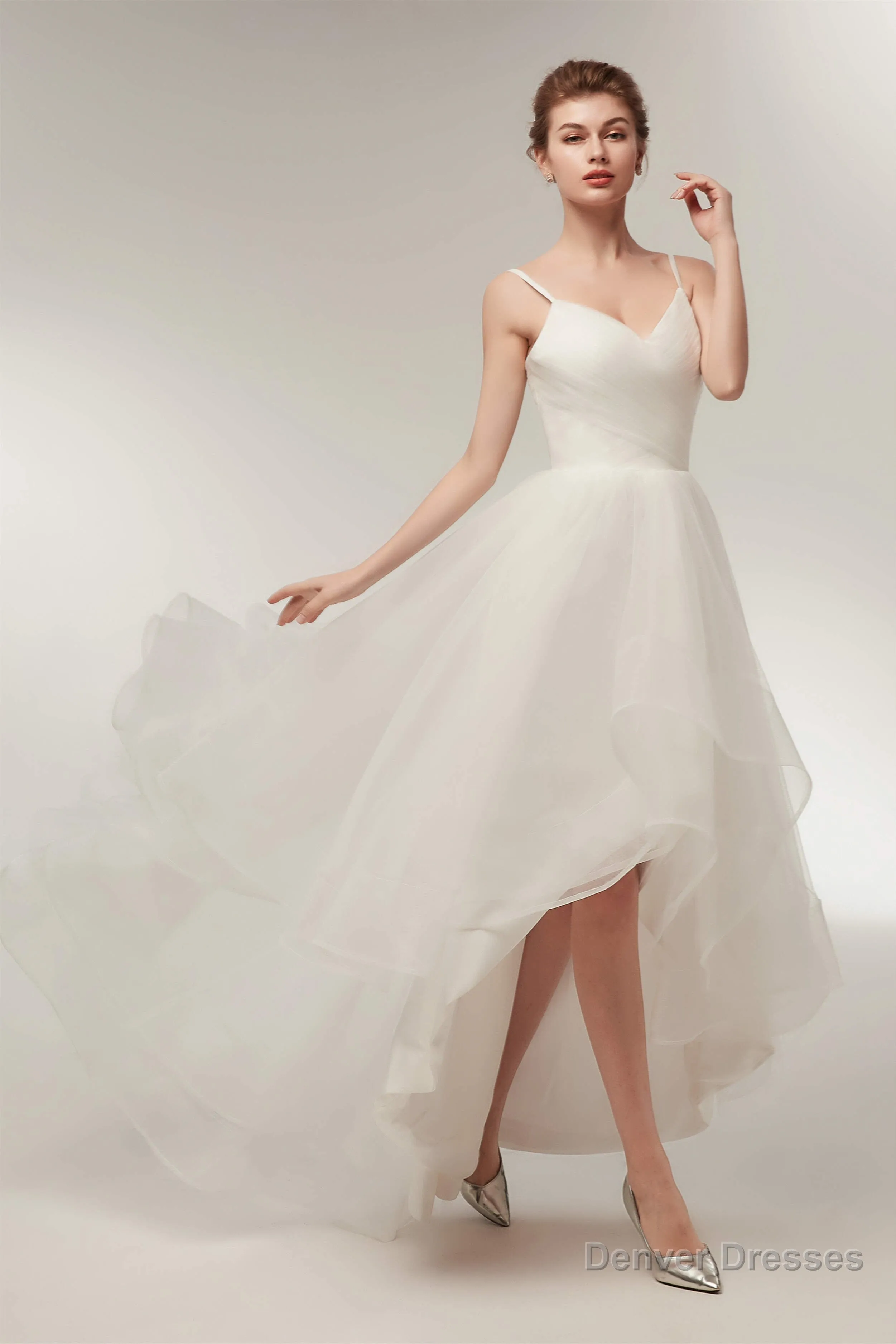 High Low Spaghetti Straps Minimalist Design Wedding Dresses