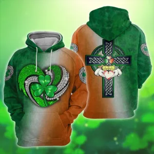 Irish Saint Patrick Day 3D All Over Printed Unisex Shirt, Heart Glitter Shamrock Center Shirt