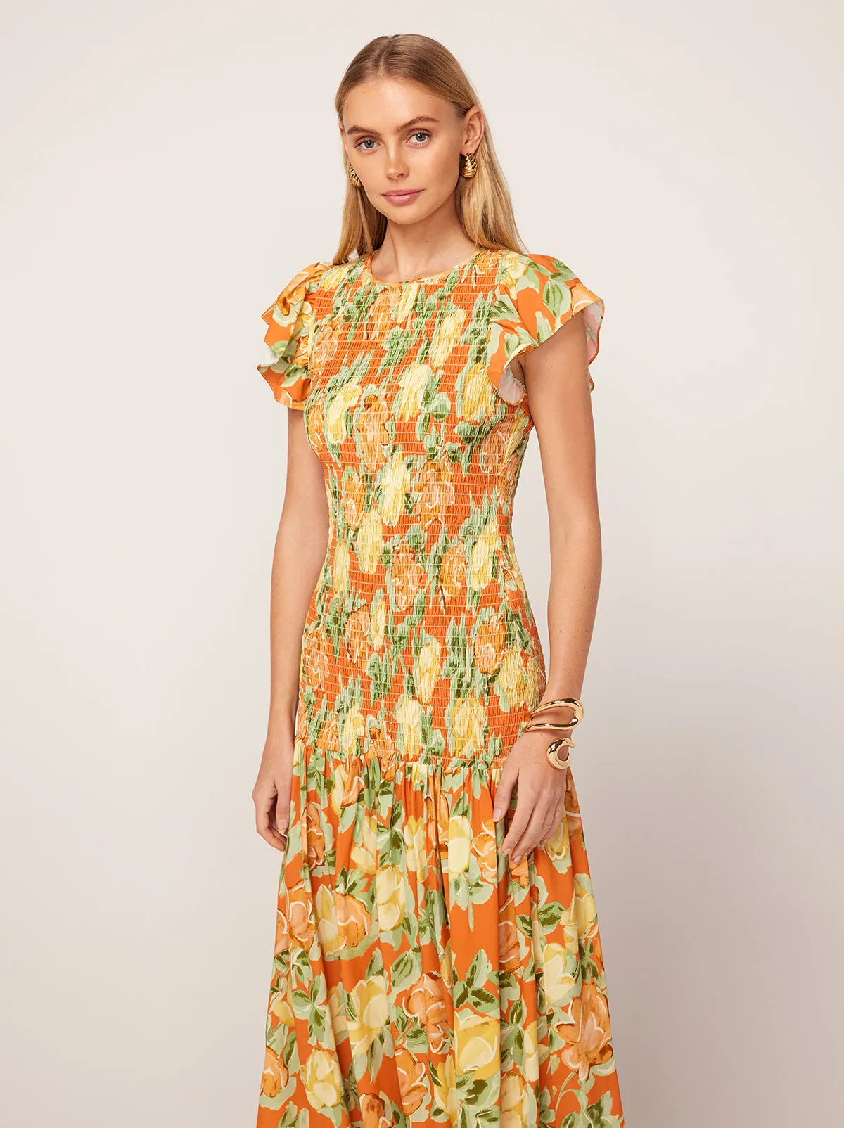 Jemima Apricot Painted Floral Print Shirred Maxi Dress
