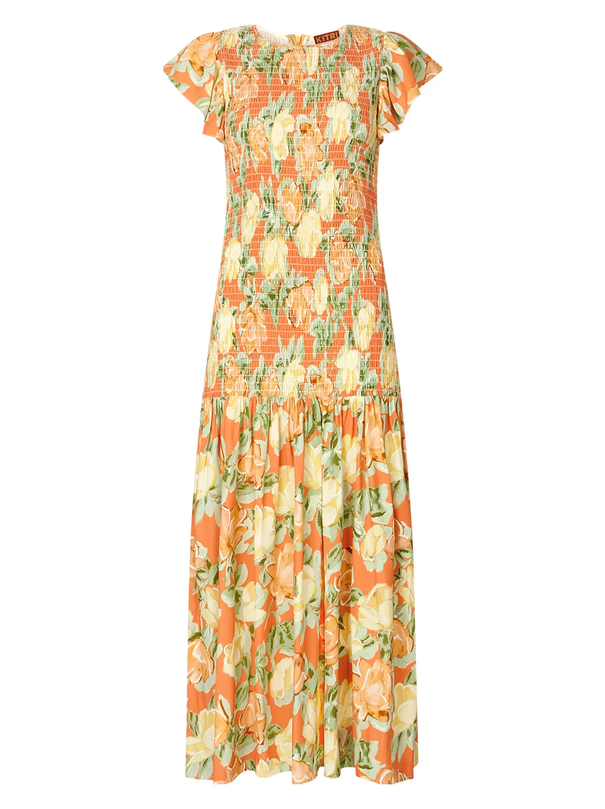 Jemima Apricot Painted Floral Print Shirred Maxi Dress